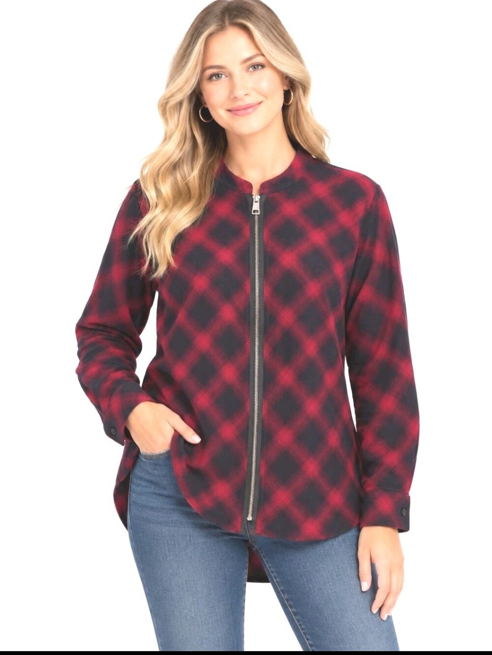 Soft Surroundings Womens Red & Black Buffalo Plaid Zip Front Tunic Blouse Small